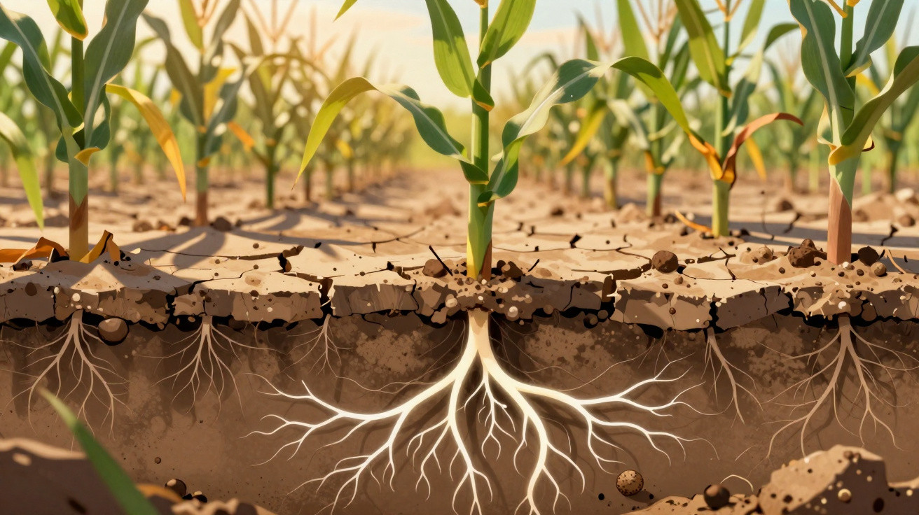 Vista transversal de plantas jovens num campo, mostrando raízes profundas no solo seco e rachado.