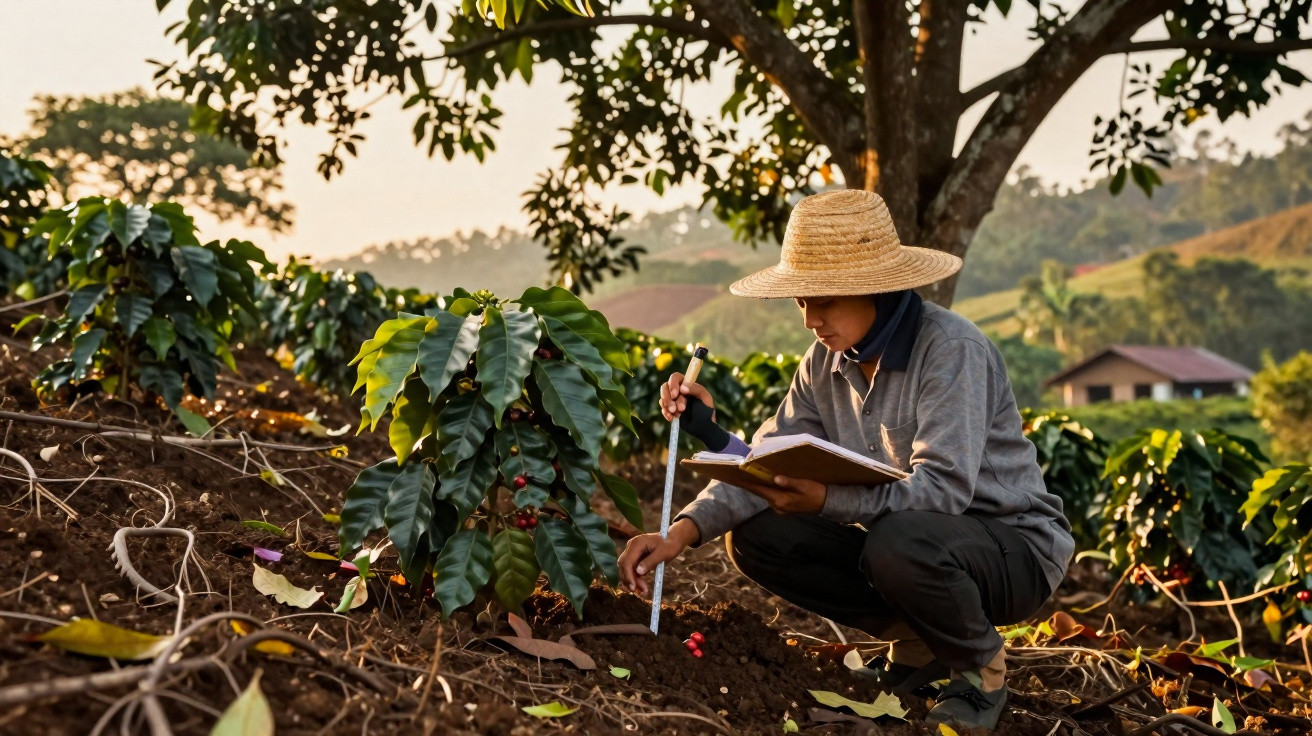 Agricultor com chapéu a medir o solo numa plantação de café ao ar livre ao amanhecer.