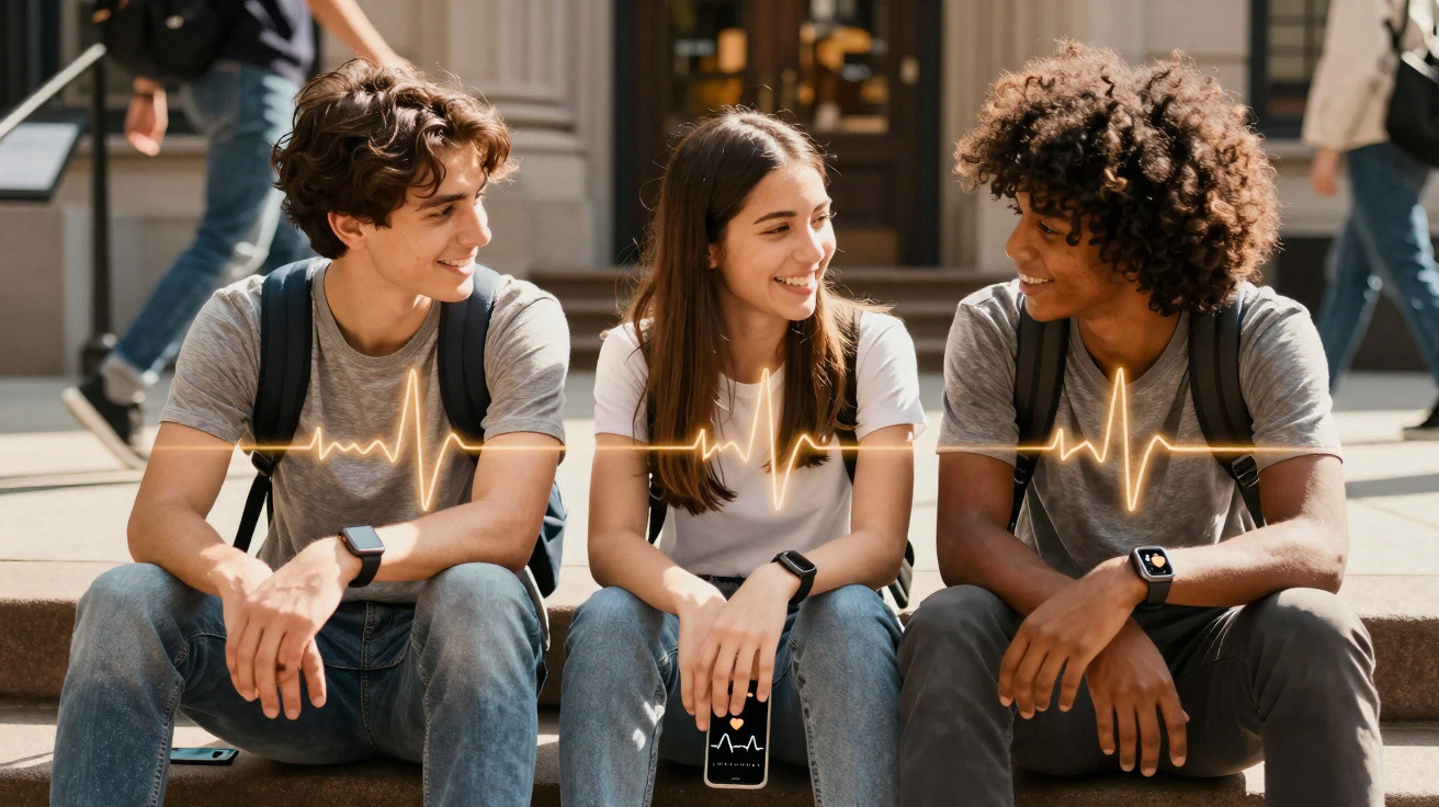 Três jovens sentados a conversar, usando relógios inteligentes e com gráfico de batimentos cardíacos sobreposto.