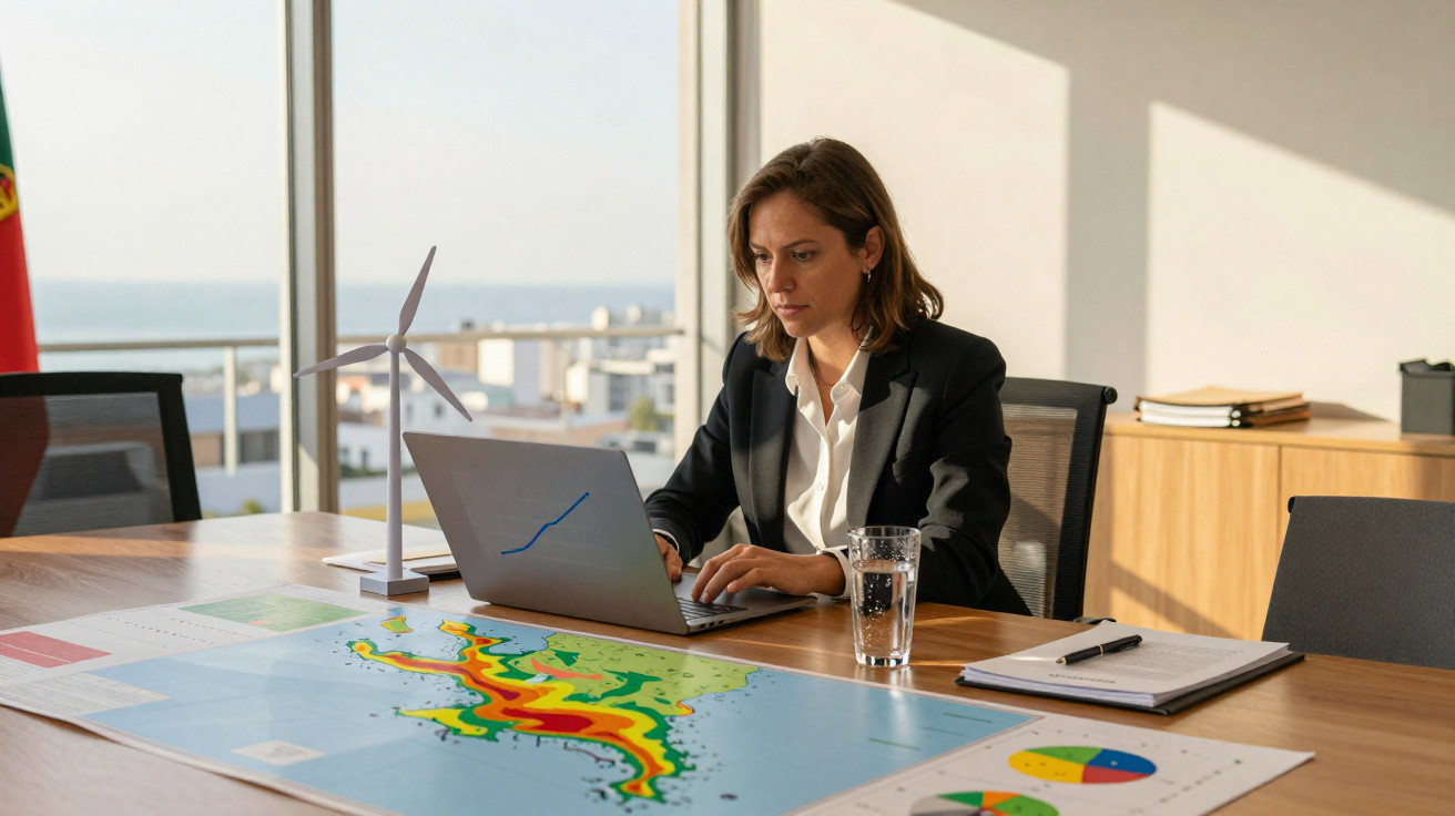 Mulher de negócios trabalha num laptop com gráficos, junto a maquete de turbina eólica e mapas coloridos numa mesa.