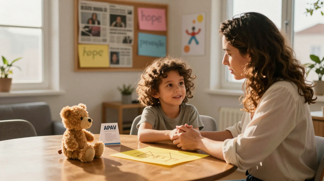 Menina com uma mulher sentadas à mesa a segurarem as mãos, com um ursinho e papel com desenho à frente.