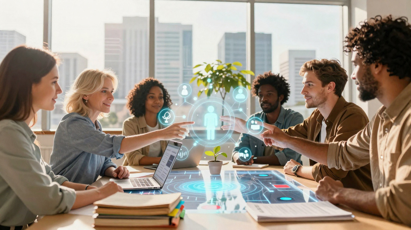 Grupo diversificado em reunião de trabalho com tecnologia holográfica focada na colaboração e interação digital.