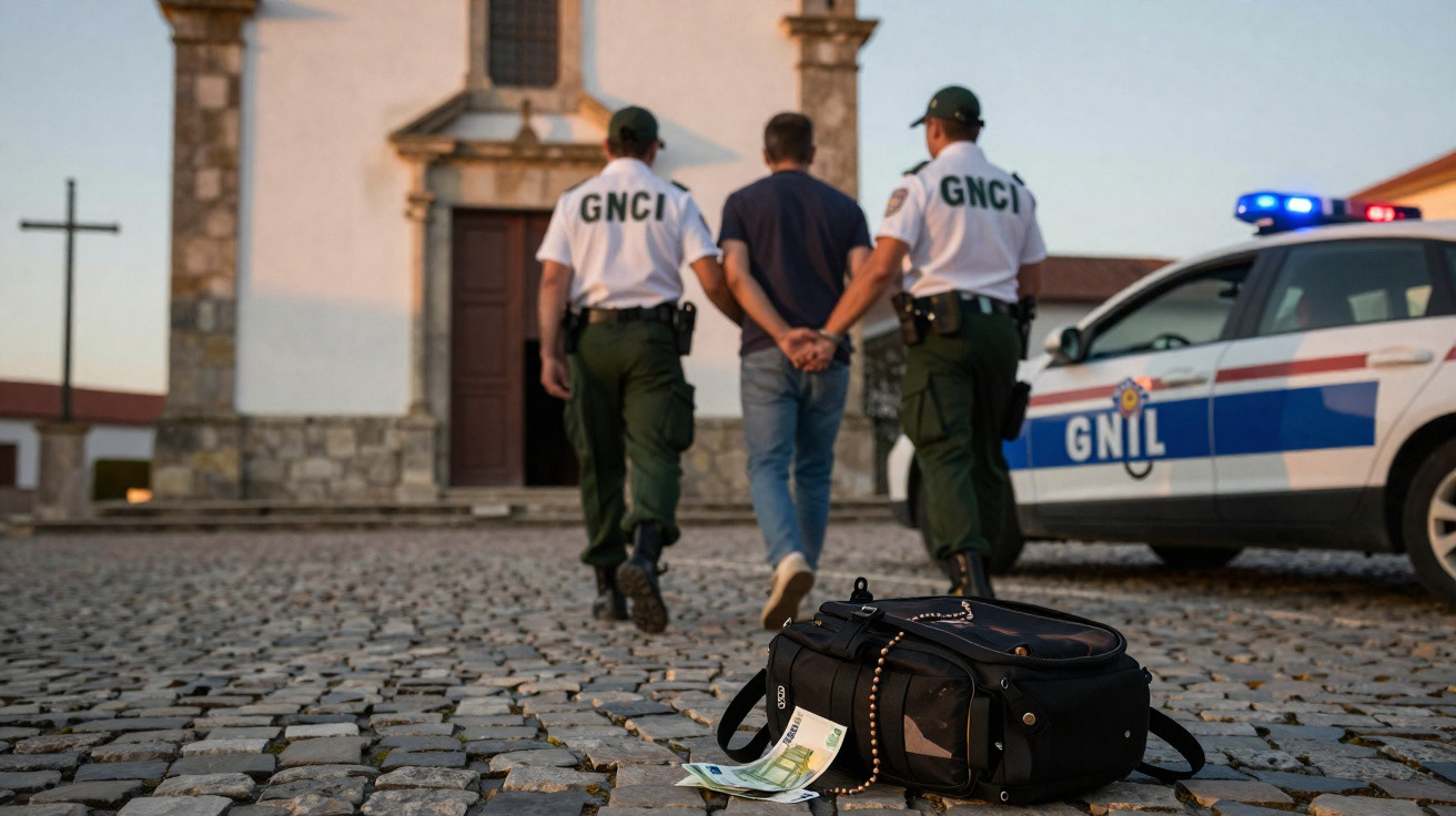 Dois agentes da GNCI escoltam um homem detido em frente a uma igreja, com bolsa e dinheiro no chão.