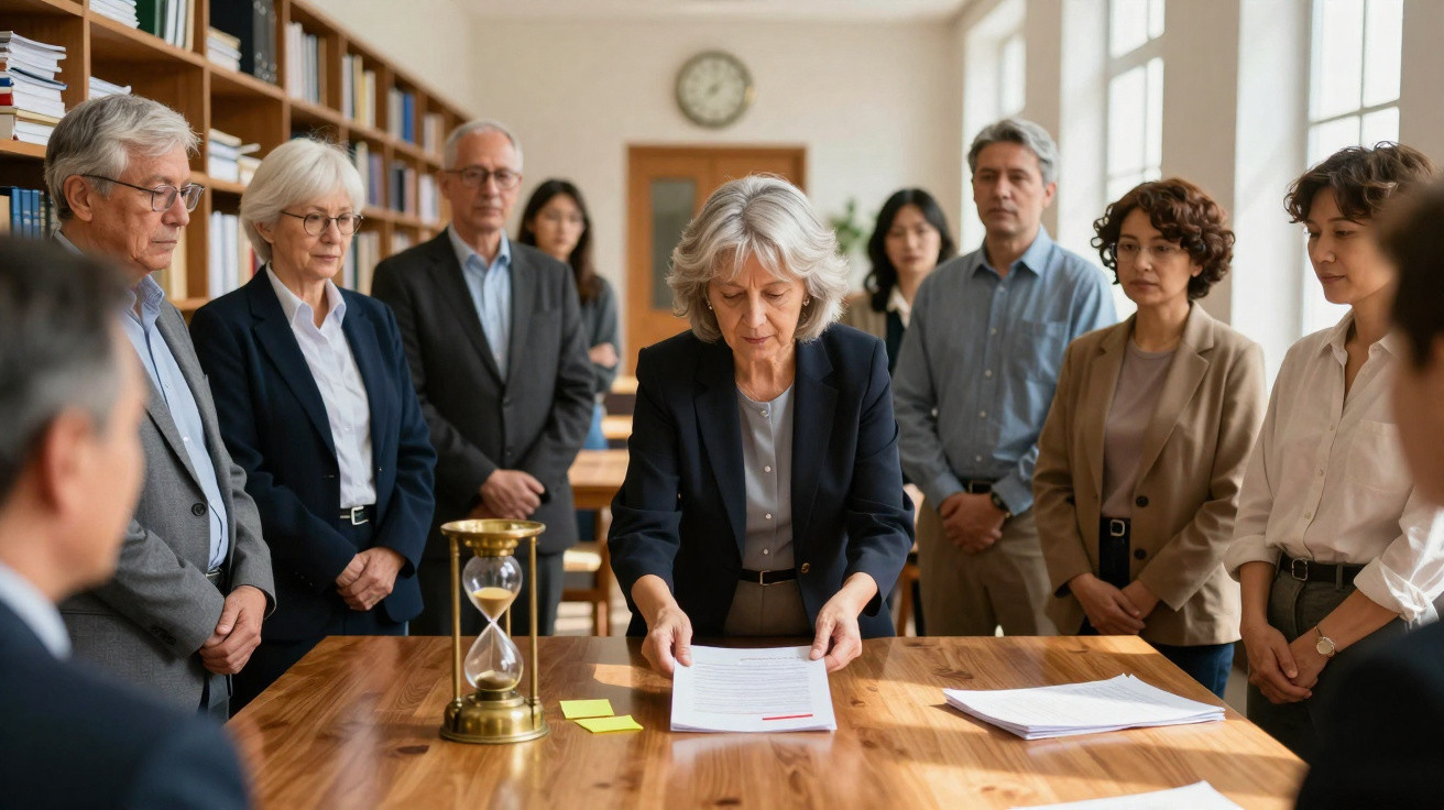 Mulher sénior lê documento numa sala de reuniões com várias pessoas em redor, ambiente formal e profissional.