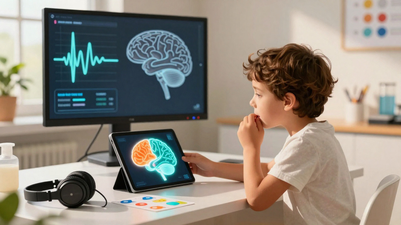 Criança a observar imagens digitais de cérebro em tablet e monitor numa mesa com auscultadores.
