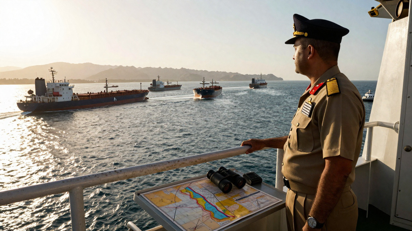 Militar em uniforme a observar vários navios no mar ao pôr do sol, com cartas náuticas e binóculos à frente.