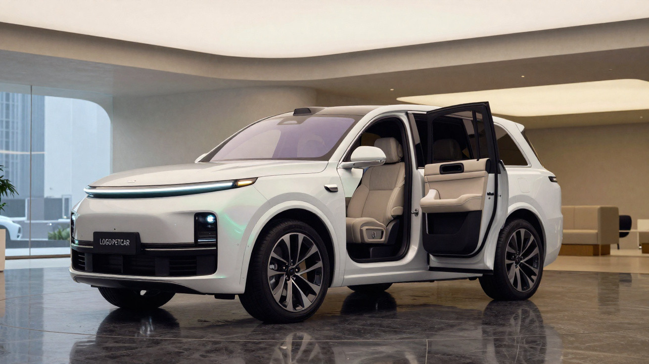 Carro elétrico branco de luxo numa sala moderna, porta traseira direita aberta mostrando interior bege elegante.