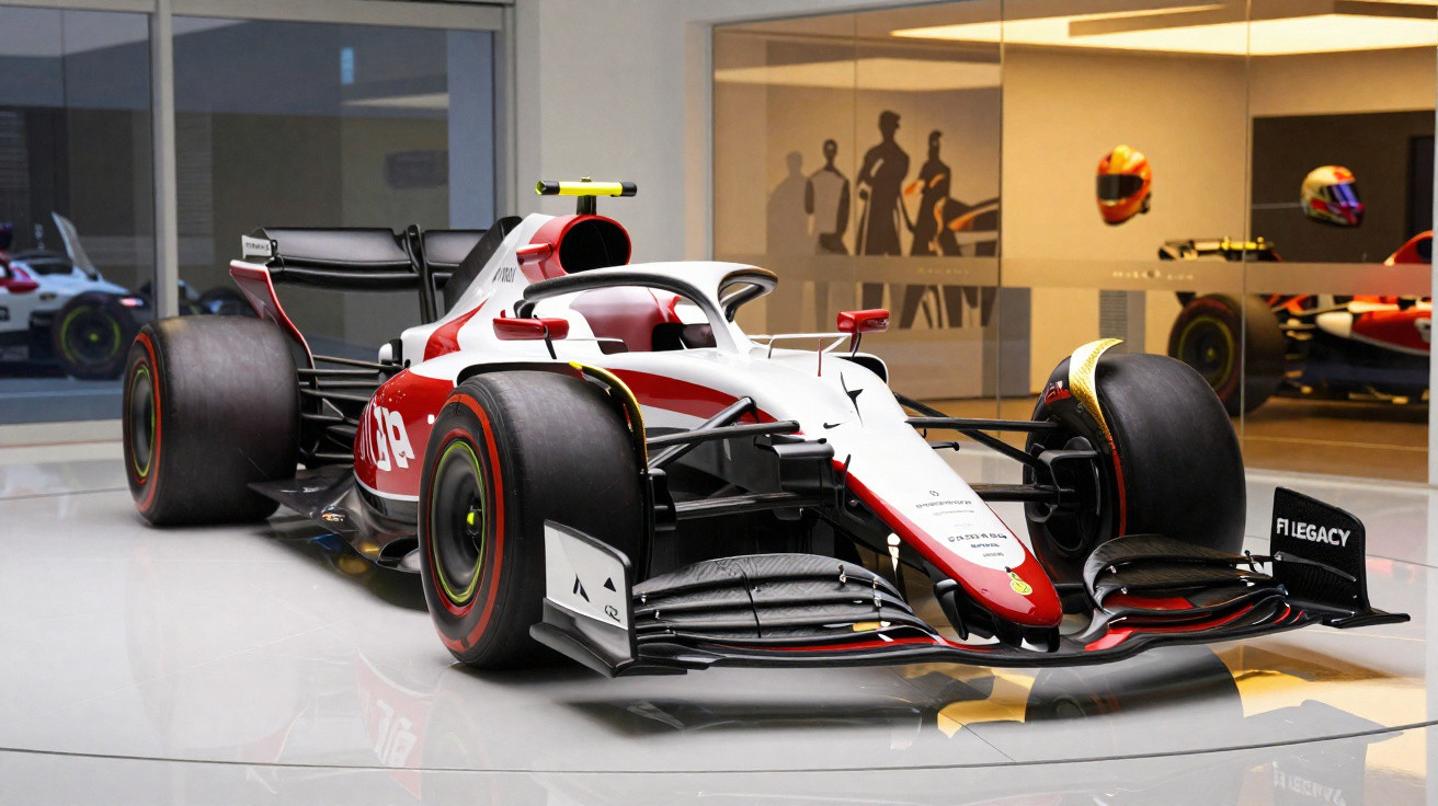 Carro de Fórmula 1 branco e vermelho exposto em museu com capacetes à parede ao fundo.