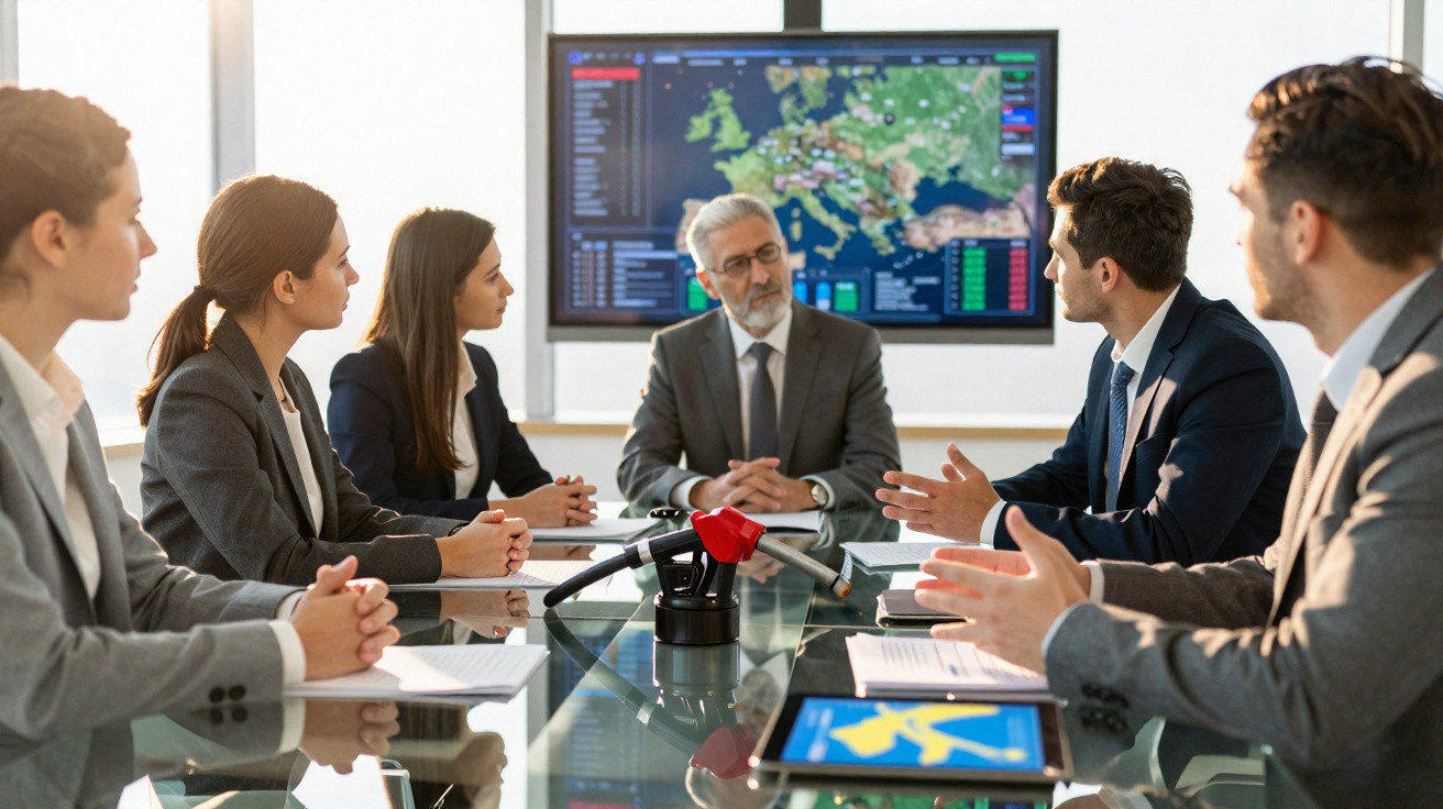 Reunião de negócios com seis profissionais à volta de mesa com ecrã a mostrar mapa da Europa.