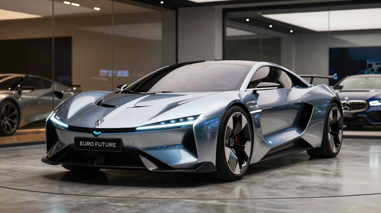Carro desportivo elétrico prata, design futurista, envidraçado e rodas grandes, em sala expositora moderna.