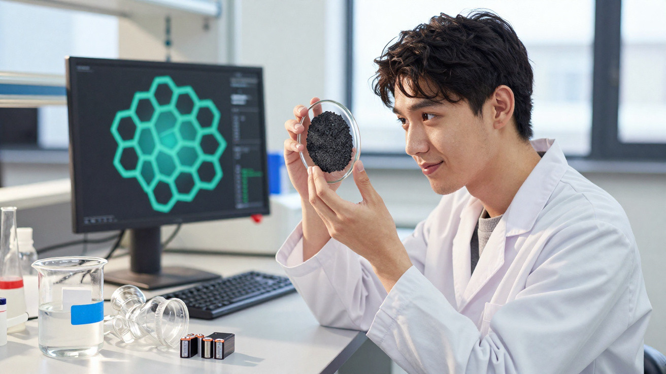 Cientista em bata branca observa amostra em placa de Petri, computador com gráfico hexagonal ao fundo.