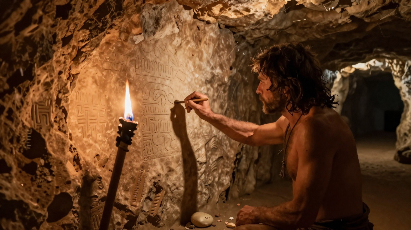 Homem pré-histórico pinta símbolos na parede de uma caverna à luz de uma tocha acesa.