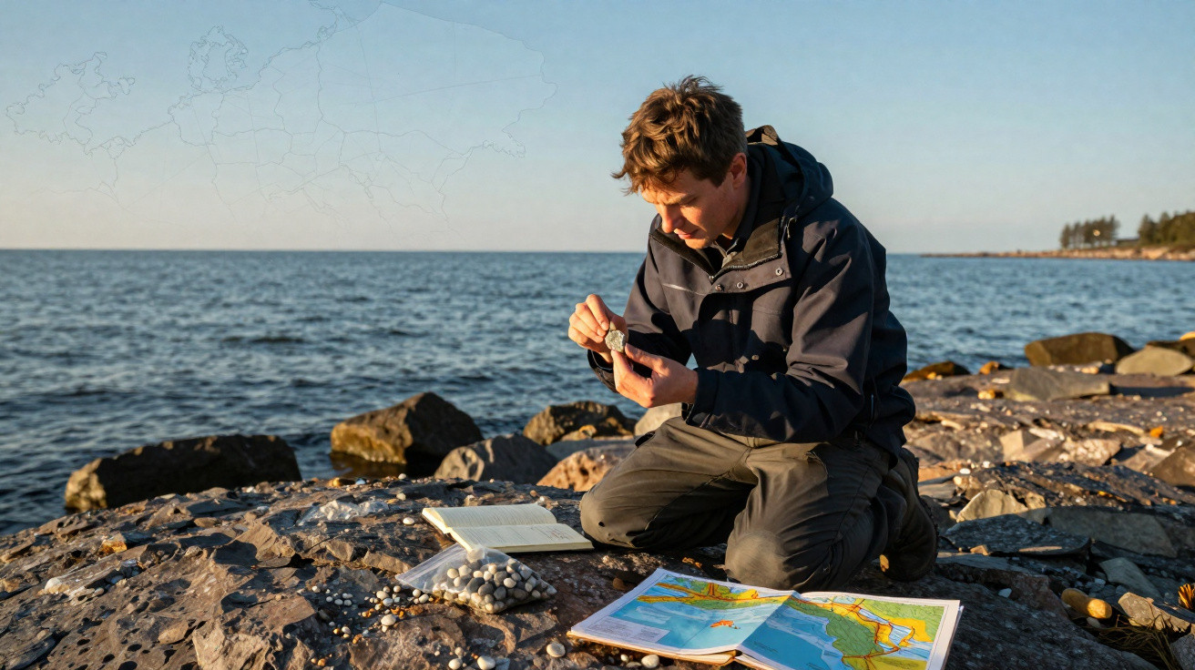 Pessoa sentada em rochas junto ao mar a estudar pedras e mapas ao ar livre ao pôr do sol.