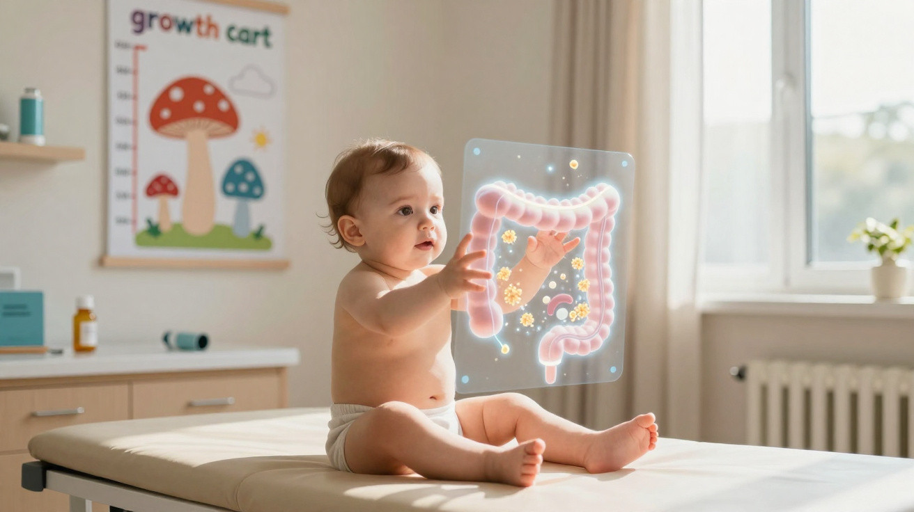 Bebé sentado numa mesa médica a interagir com um holograma do sistema digestivo iluminado.