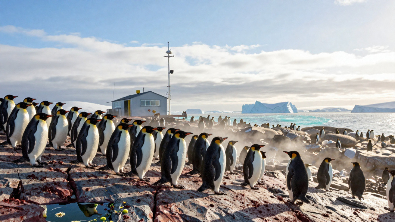 Colónia de pinguins imperador na costa rochosa perto do mar com icebergues ao fundo e céu nublado.