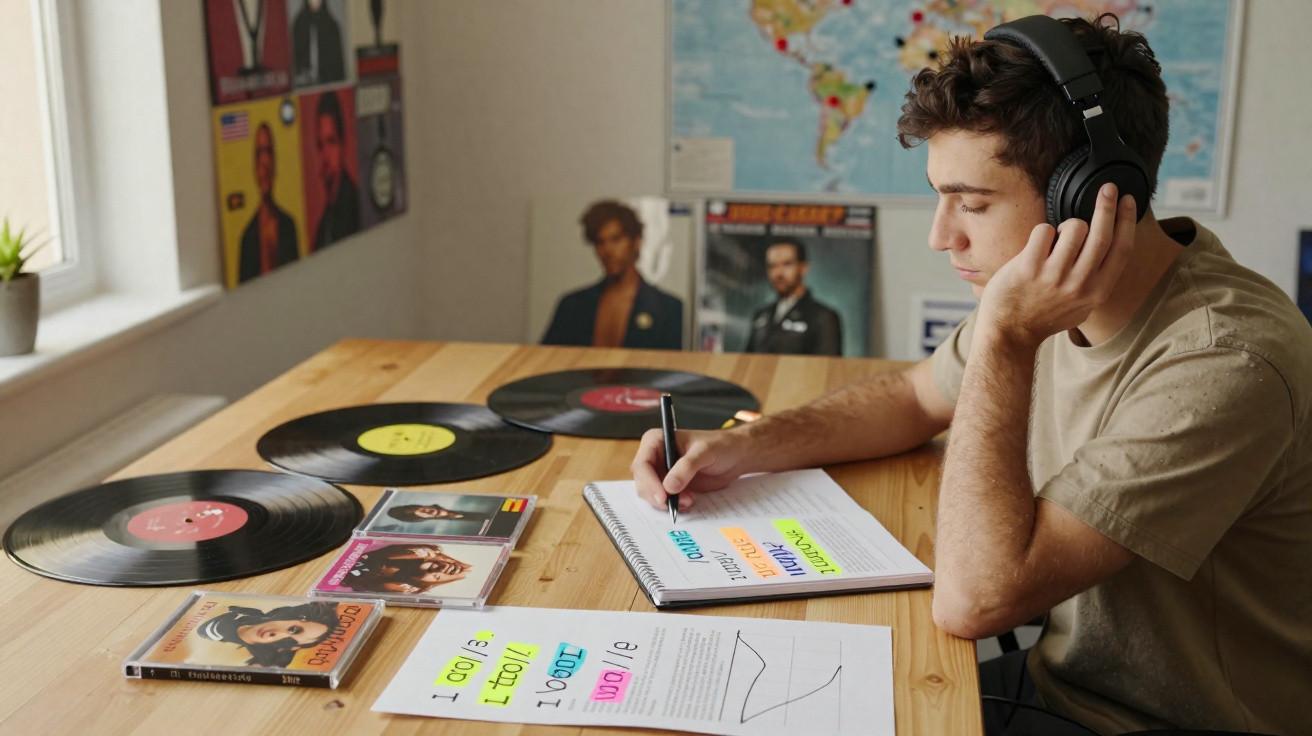 Jovem com auscultadores estuda e toma notas numa mesa com discos de vinil e CDs de música.