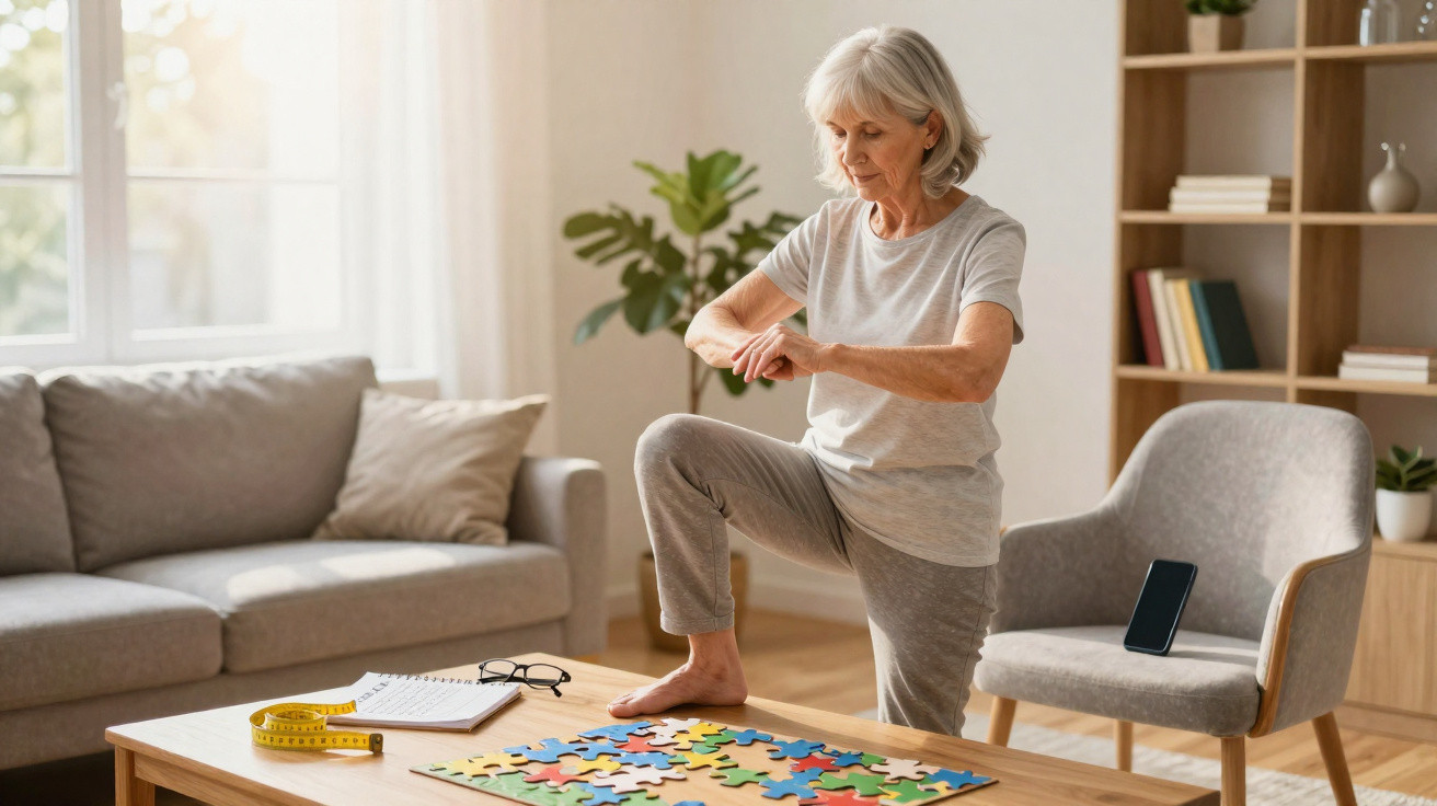Mulher idosa a praticar exercício em casa com um puzzle e medidor na mesa da sala de estar.