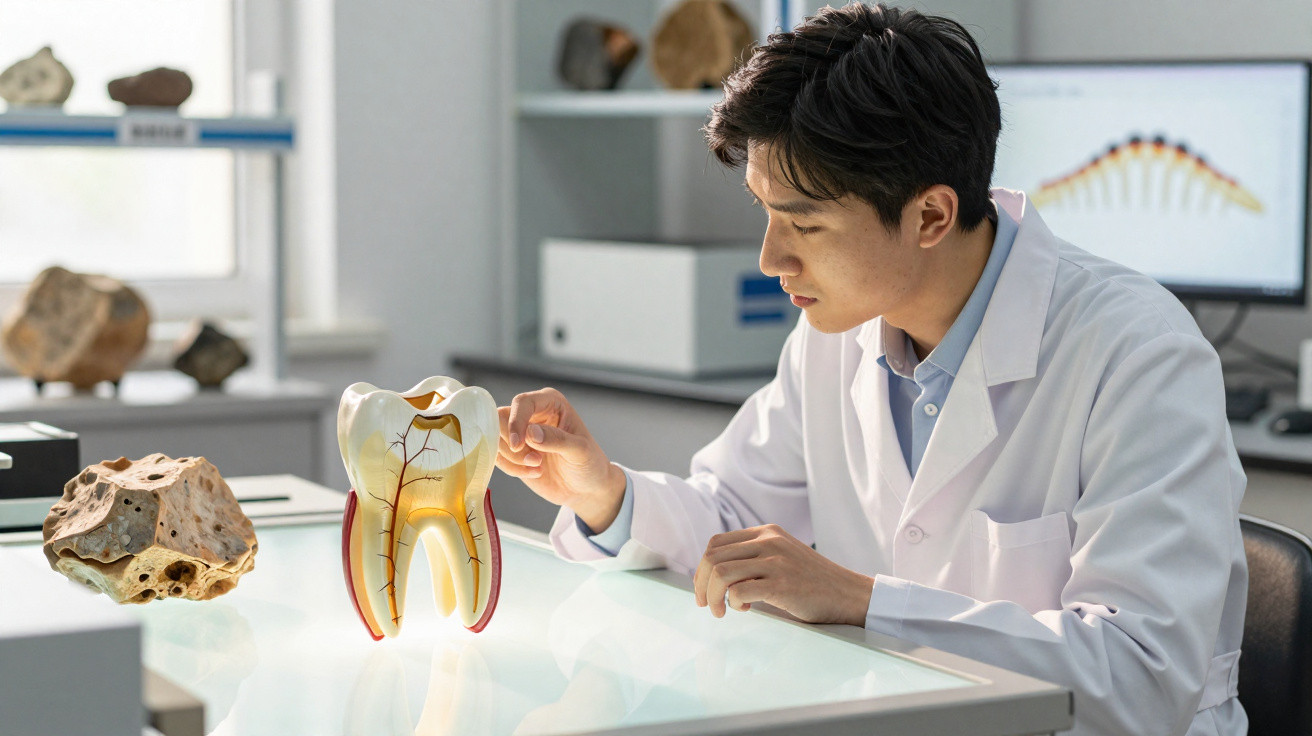 Dentista em bata branca examina modelo grande de dente numa mesa com equipamento dental ao fundo.