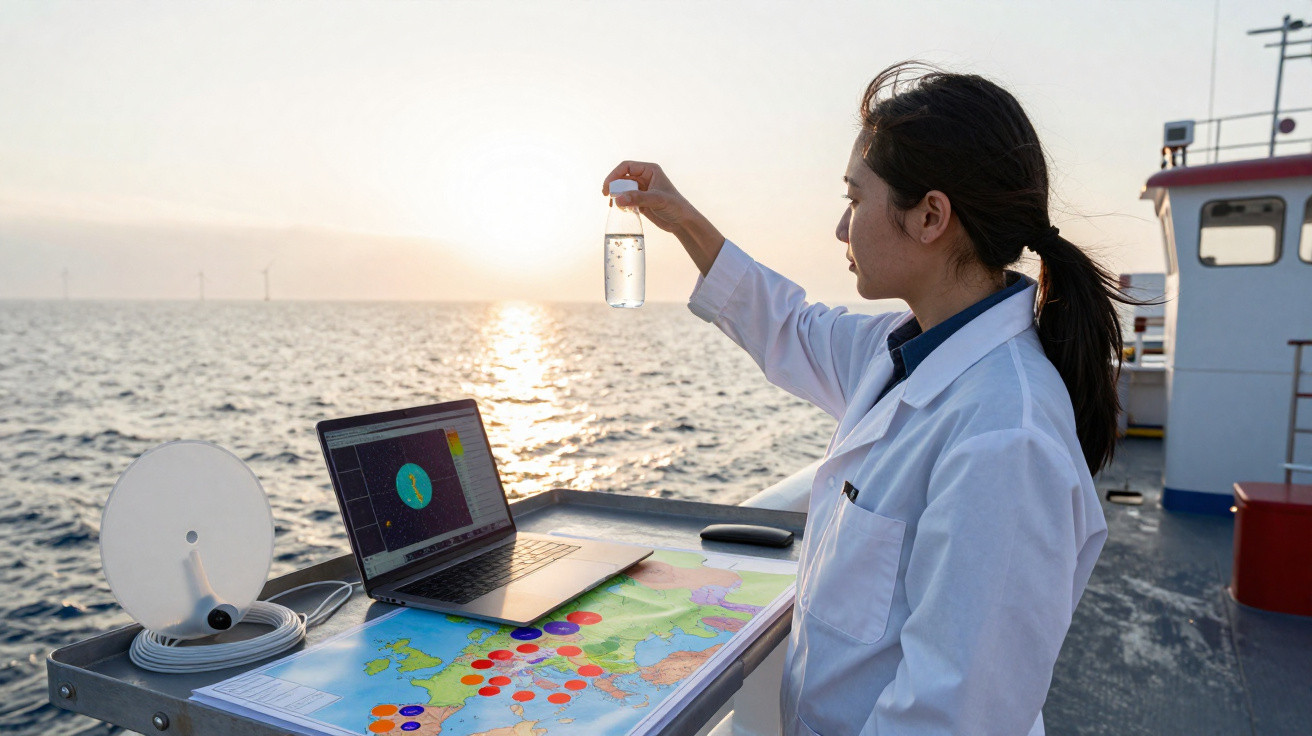 Cientista marinha no convés de um barco segurando frasco de água com mapa e computador ao pôr do sol.