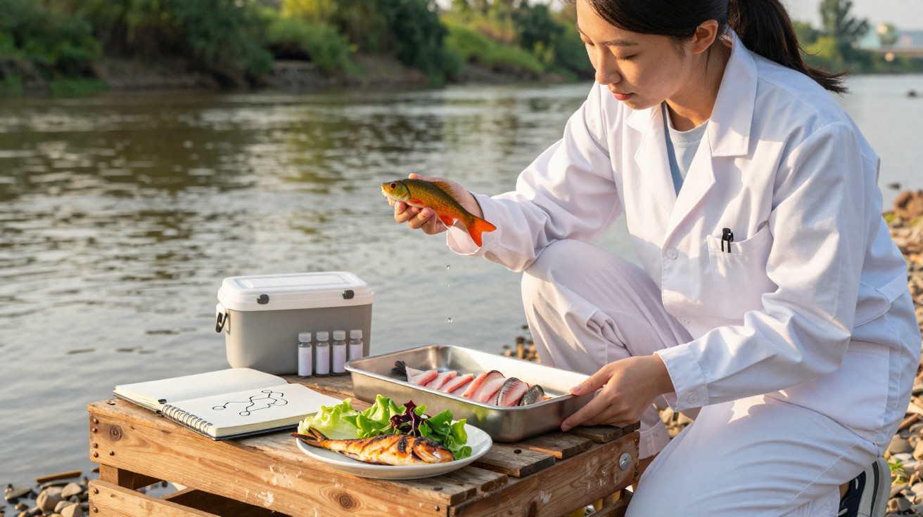 Cientista em bata branca examina peixe junto a rio, com amostras e peixe grelhado numa mesa de madeira.