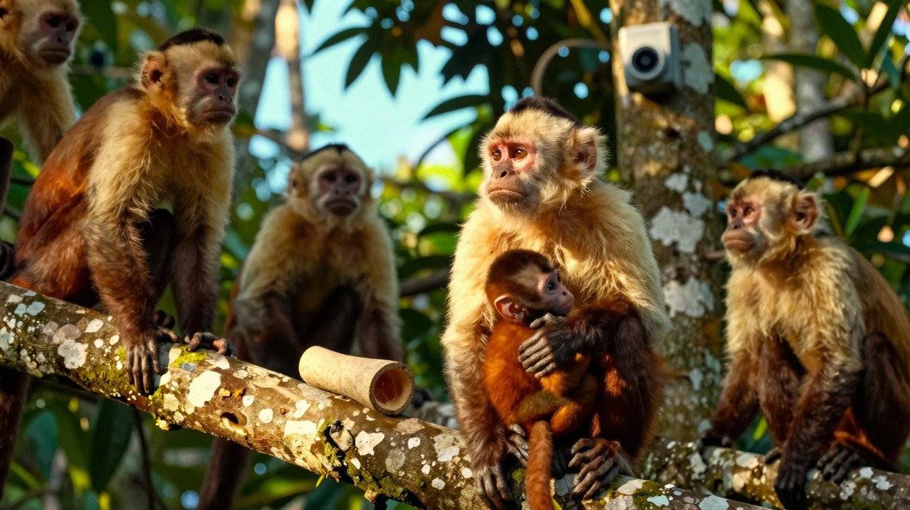 Grupo de macacos-prego sentados em tronco de árvore, com um adulto a abraçar um filhote.