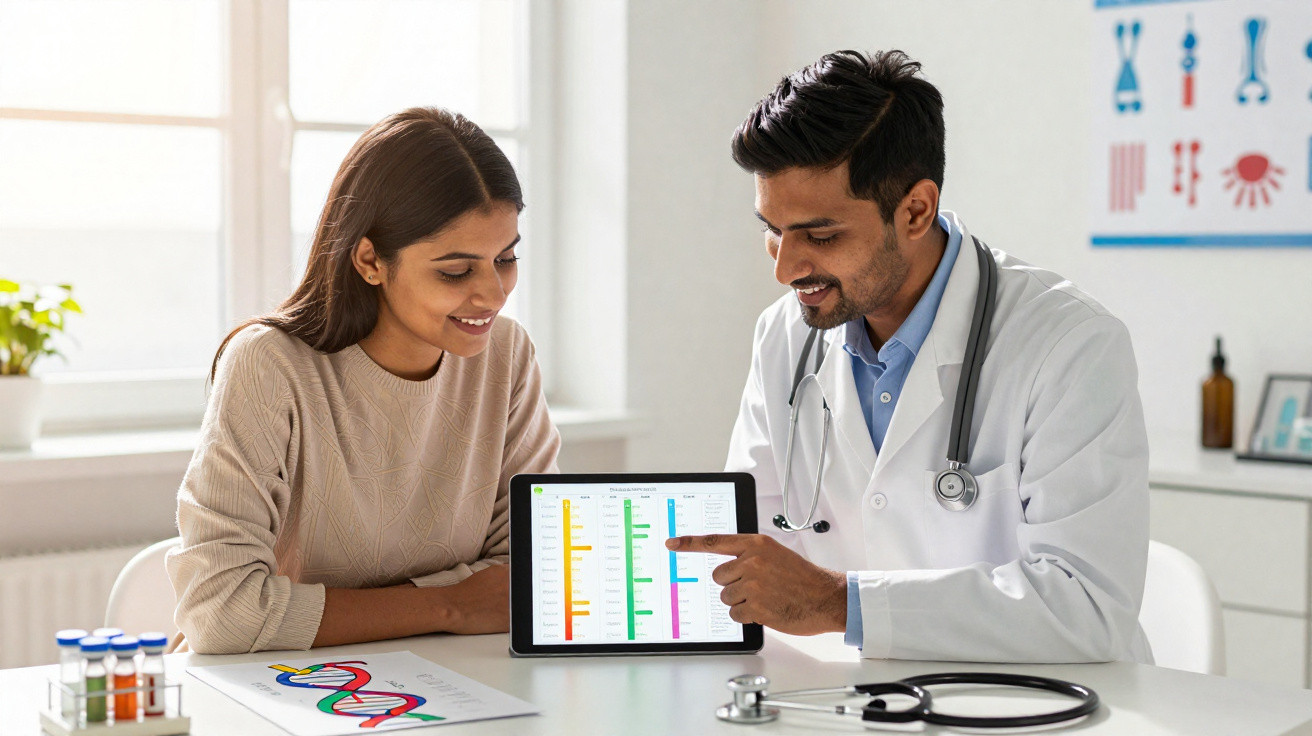 Médico explica resultados num tablet para paciente numa consulta num consultório moderno.
