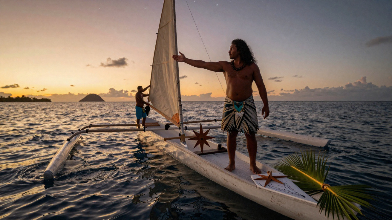 Dois homens com vestuário tradicional numa canoa à vela ao pôr do sol no mar calmo.