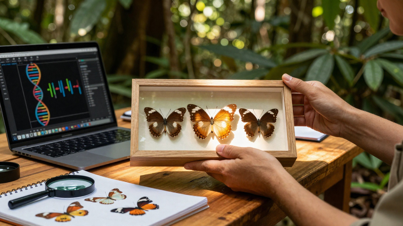 Pessoa segura caixa de vidro com três borboletas em ambiente de estudo com computador e material de observação.