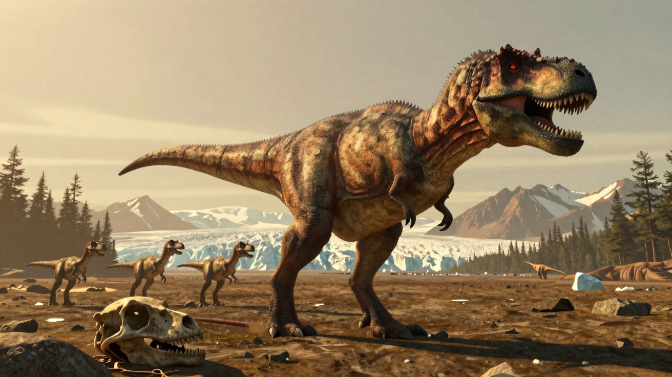 Dinossauro Tyrannosaurus rex num terreno árido com montanhas e outros dinossauros ao fundo.