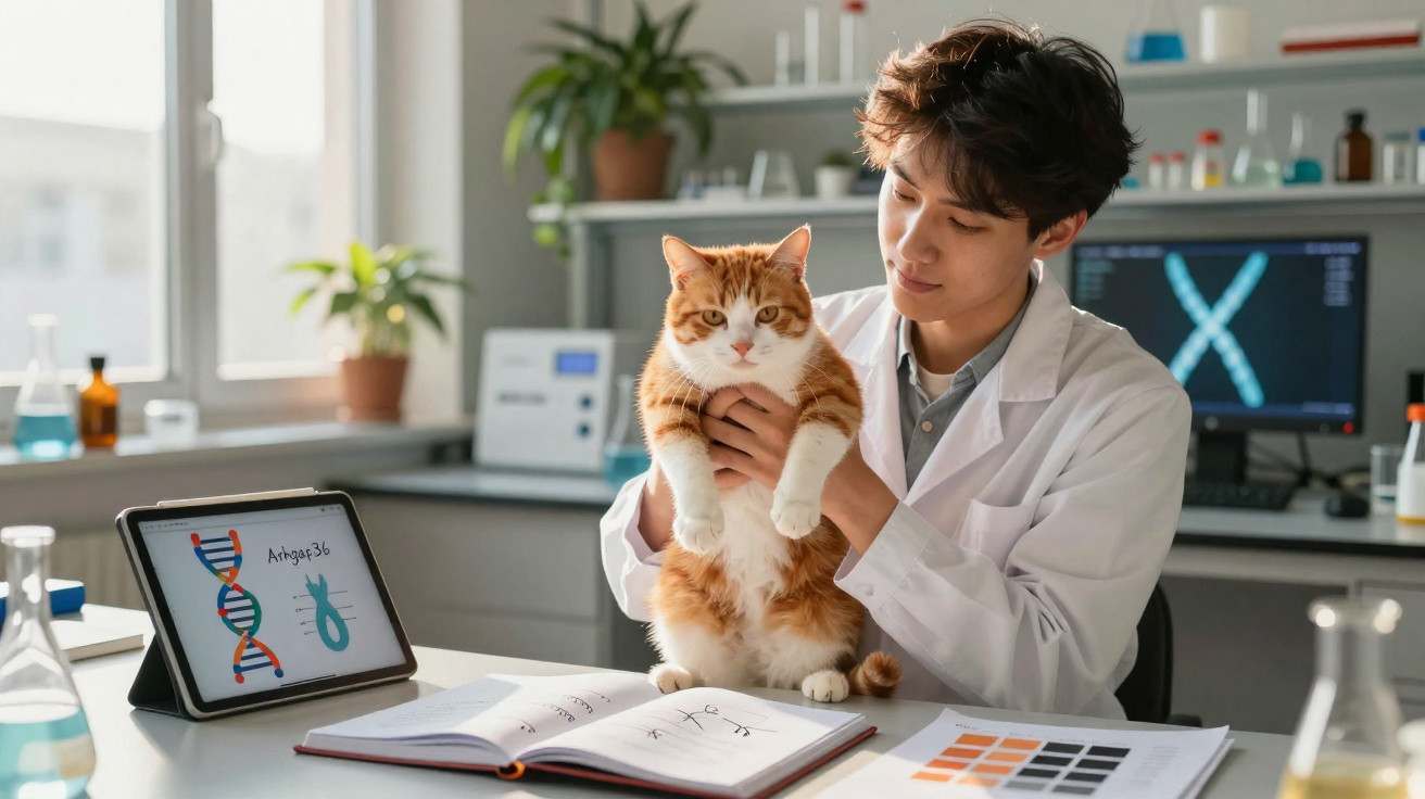 Cientista segura um gato num laboratório com imagens de DNA e cromossomas ao fundo.