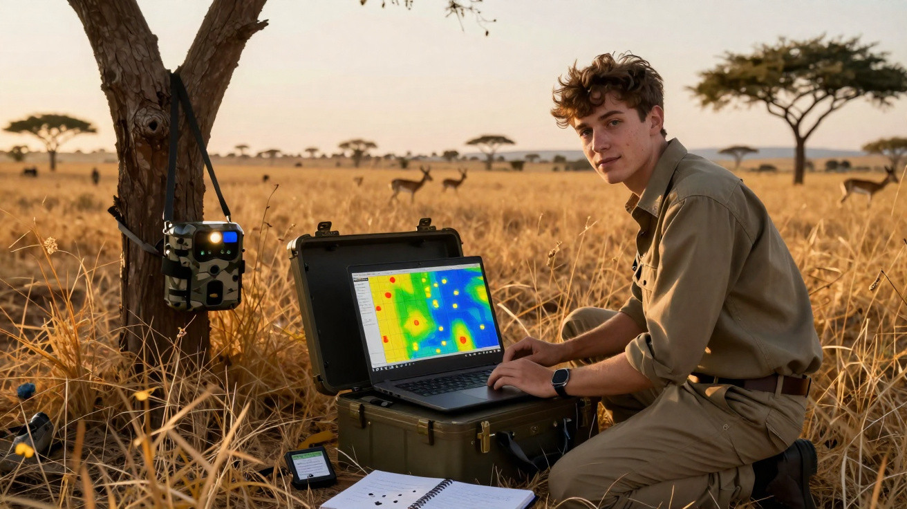 Jovem com laptop e equipamentos de monitorização sentado na savana, com gazelas ao fundo ao pôr do sol.