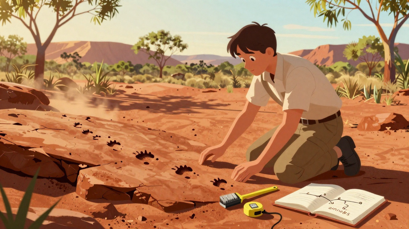 Jovem arqueólogo examina pegadas fossilizadas num deserto, com ferramentas e caderno aberto ao lado.