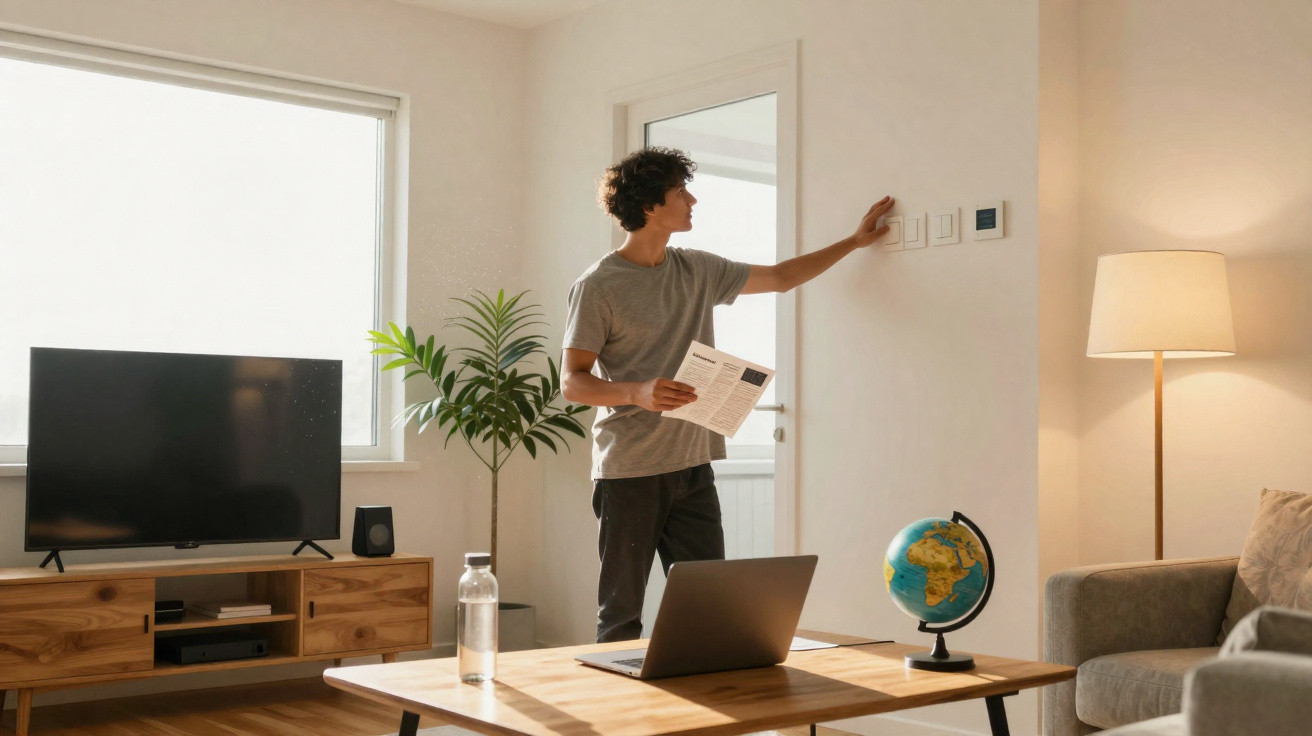 Jovem a controlar a iluminação numa sala moderna com sofá, televisão, planta e mesa com laptop e globo terrestre.