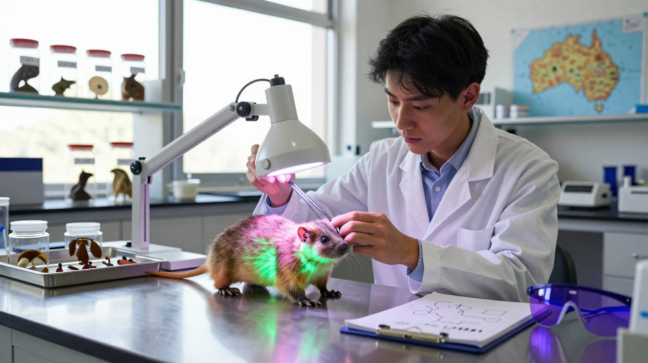 Cientista em laboratório examina rato iluminado por luzes coloridas numa mesa metálica.