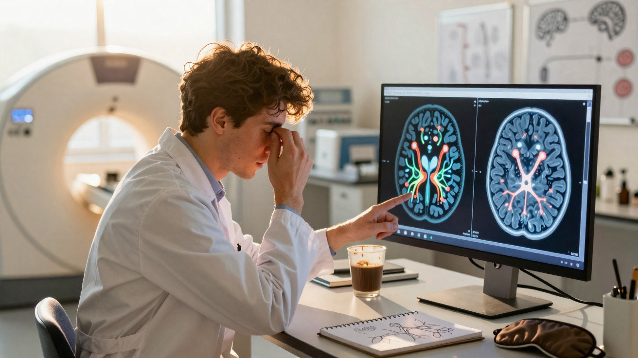 Médico analisa imagens de ressonância magnética do cérebro num computador num consultório clínico.