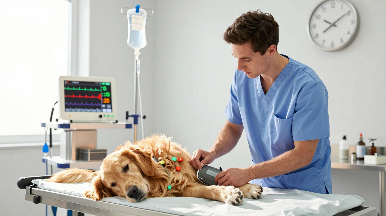 Veterinário em bata azul mede a pressão de um cão Golden Retriever numa clínica veterinária.