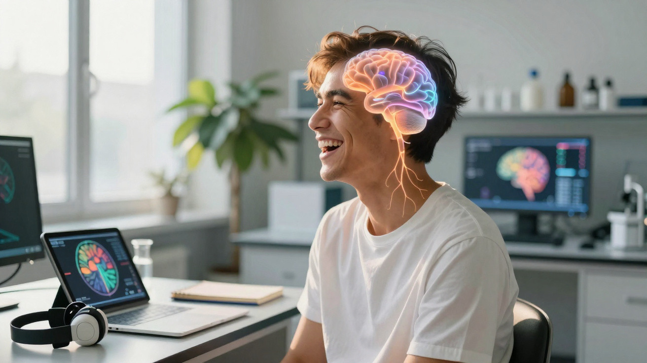 Jovem sorridente sentado com ilustração de cérebro colorido sobreposta à sua cabeça, em escritório moderno.