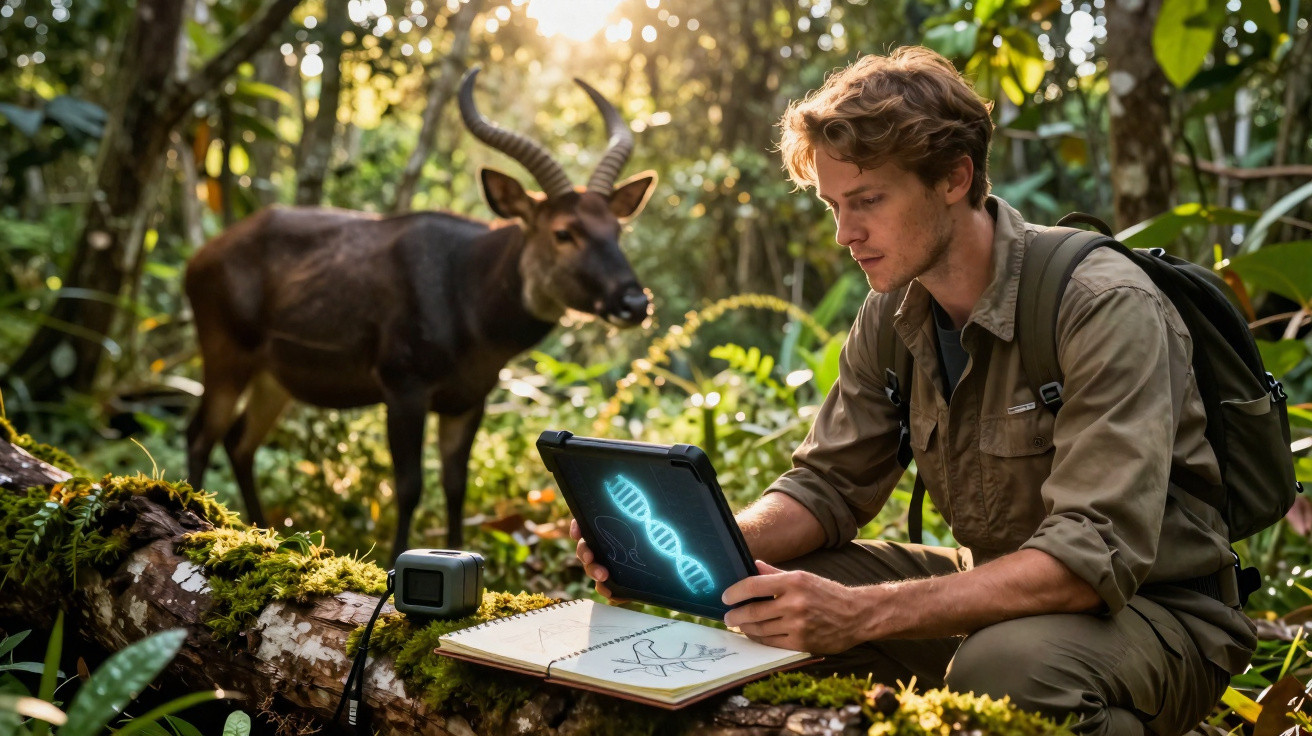 Jovem cientista na floresta com tablet a analisar DNA e caderno com desenho de animal, com antílope ao fundo.