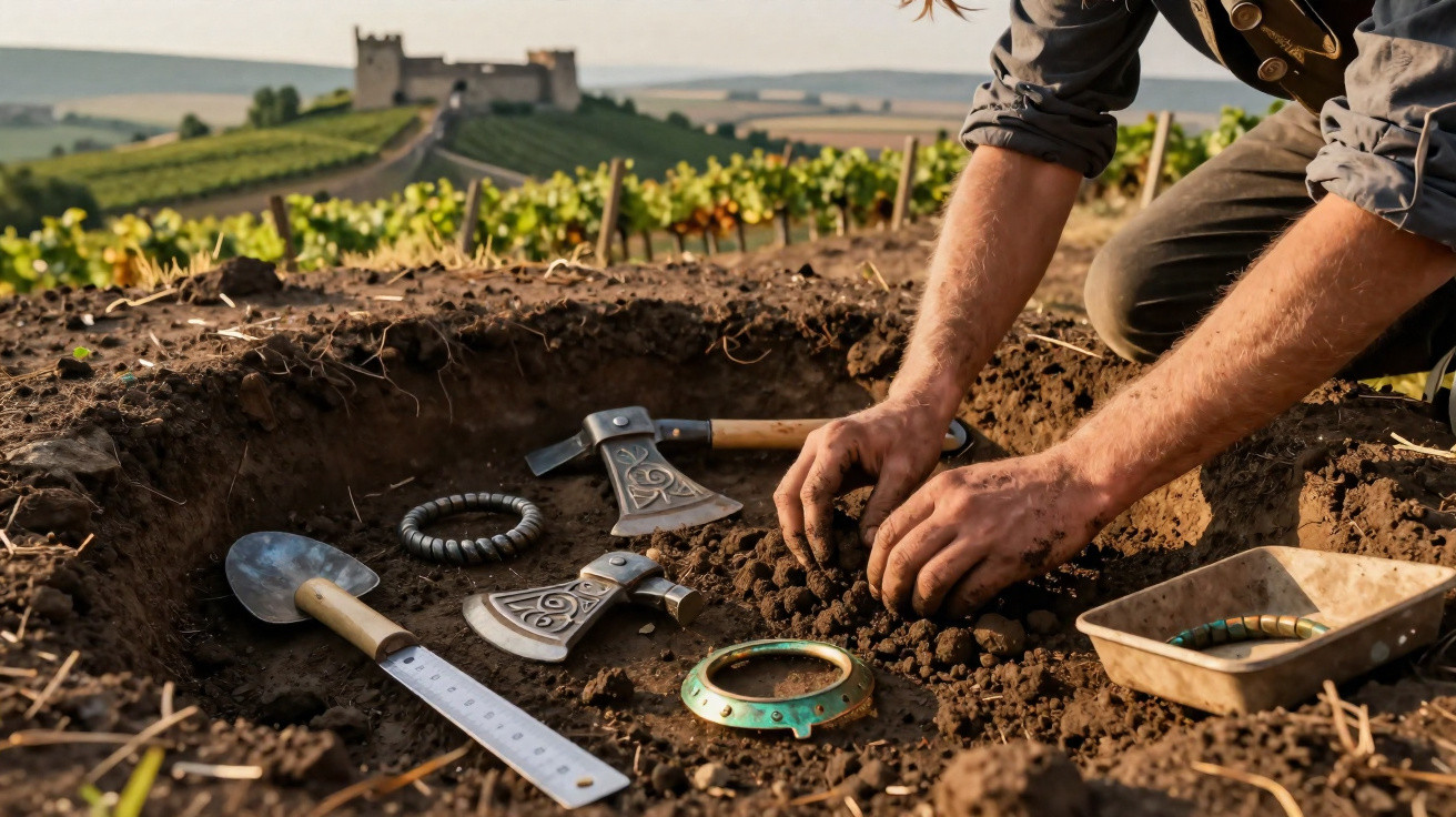 Pessoa a escavar artefactos antigos num campo, com castelo e vinhas ao fundo numa paisagem rural.