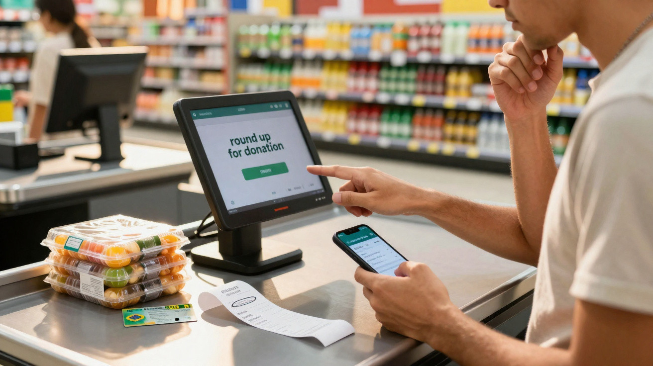 Pessoa no supermercado a decidir doar no terminal de pagamento digital enquanto segura telemóvel.