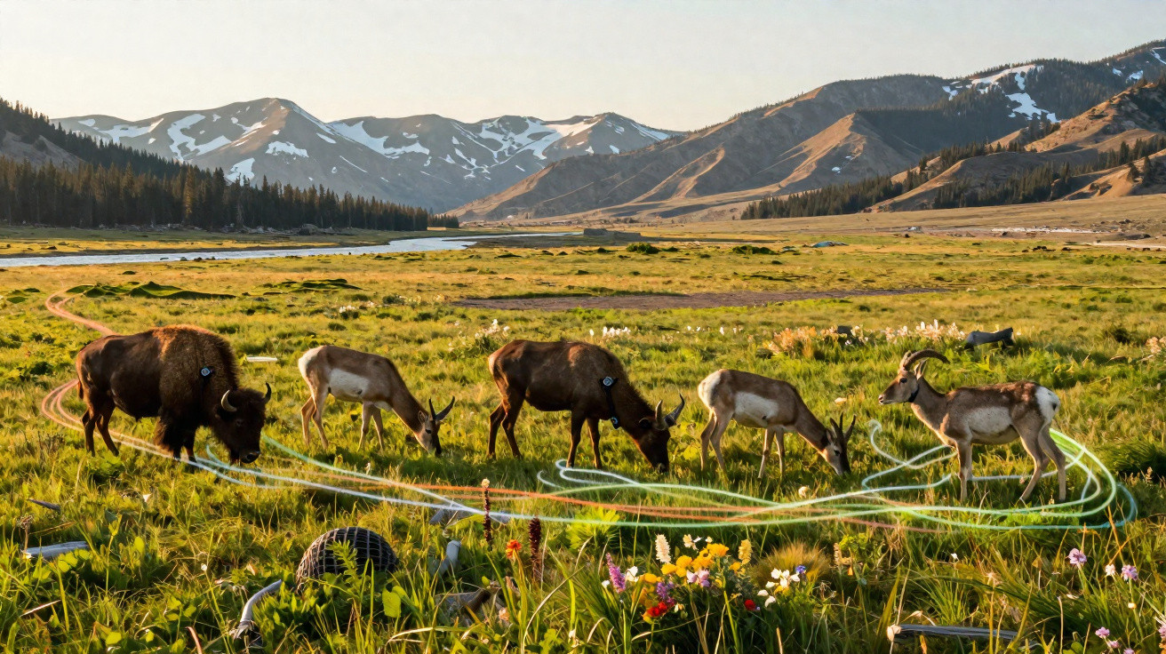 Manada de bisontes e veados a pastar num campo verde com montanhas ao fundo e flores na frente.