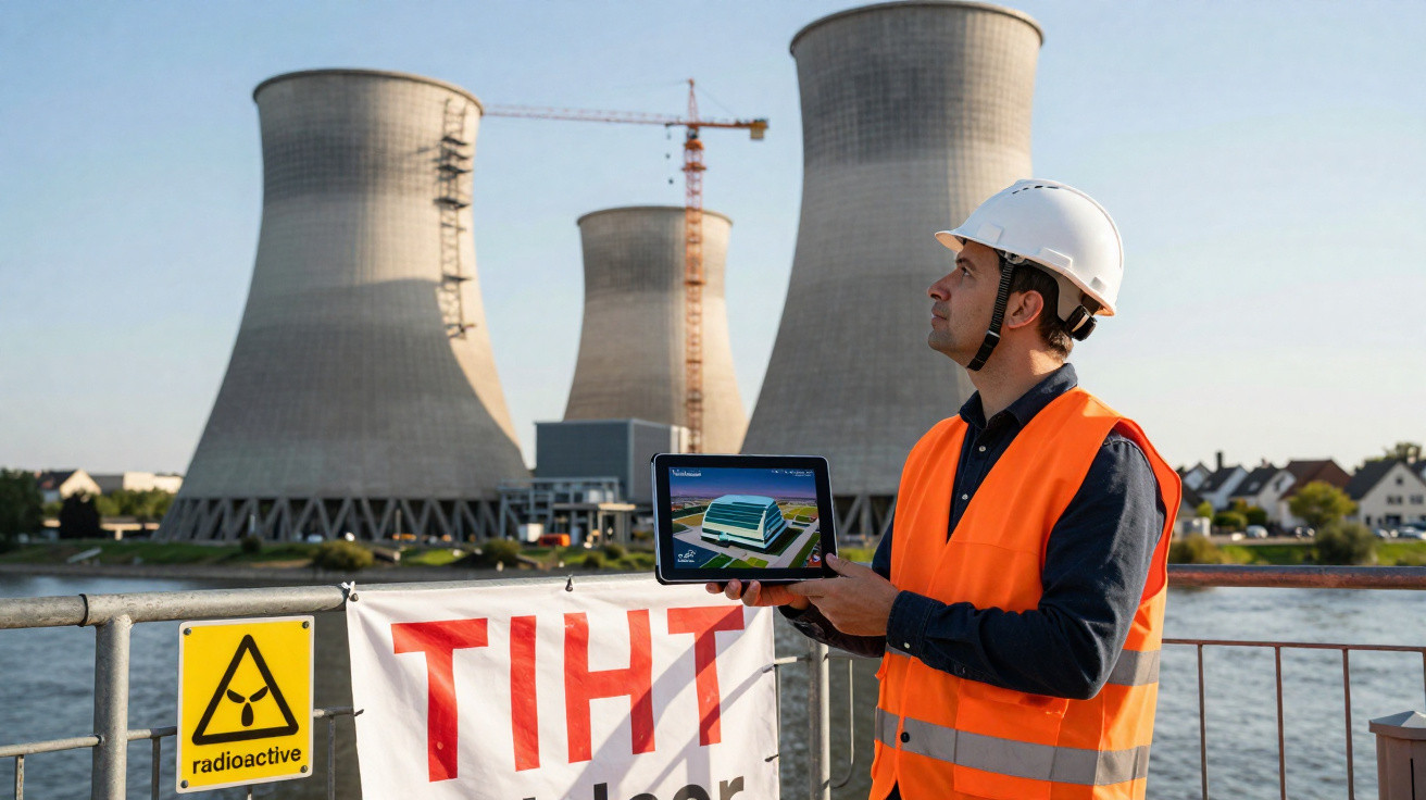 Engenheiro com colete e capacete a analisar planta digital junto a torres de refrigeração de central nuclear.