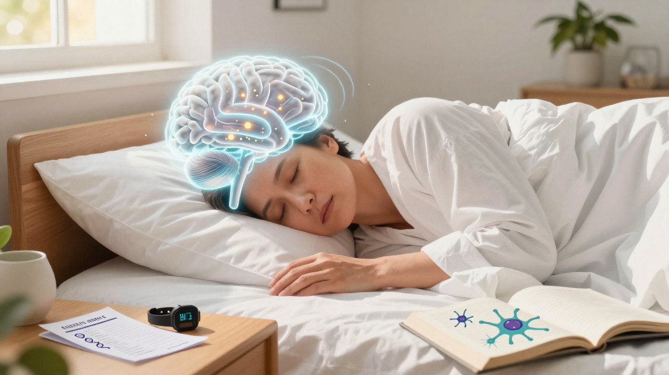 Pessoa a dormir na cama com ilustração digital de cérebro luminiscente acima da cabeça.