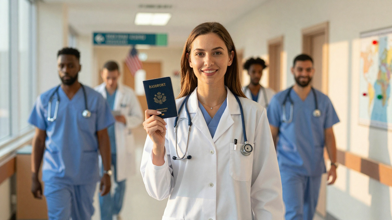Médica sorridente com estetoscópio e passaporte na mão, colegas caminham atrás no corredor do hospital.
