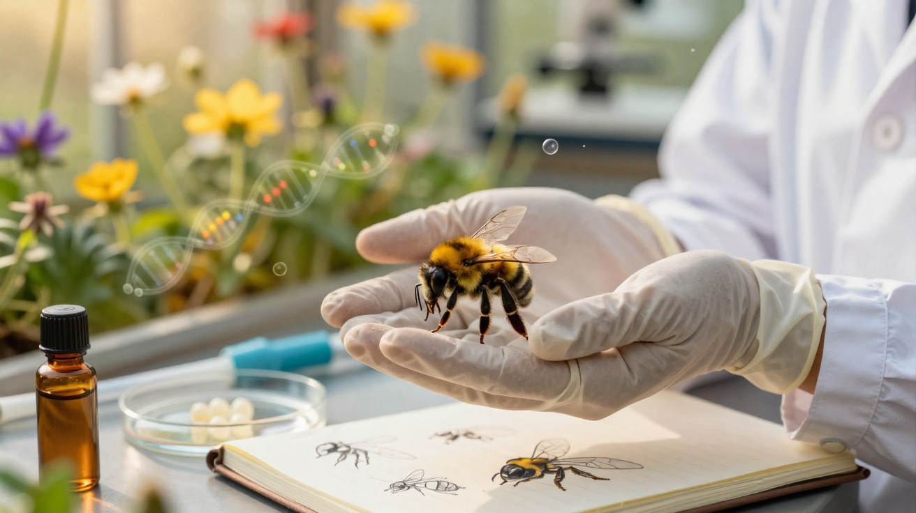 Investigador em laboratório a segurar uma abelha com luvas, com desenhos de abelhas e flores ao fundo.