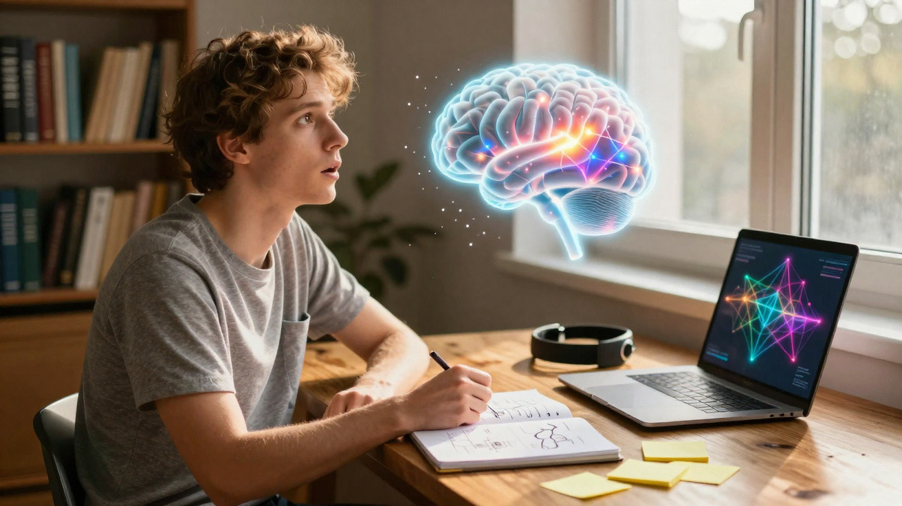 Jovem a estudar com representação holográfica do cérebro e laptop com gráficos coloridos na mesa.