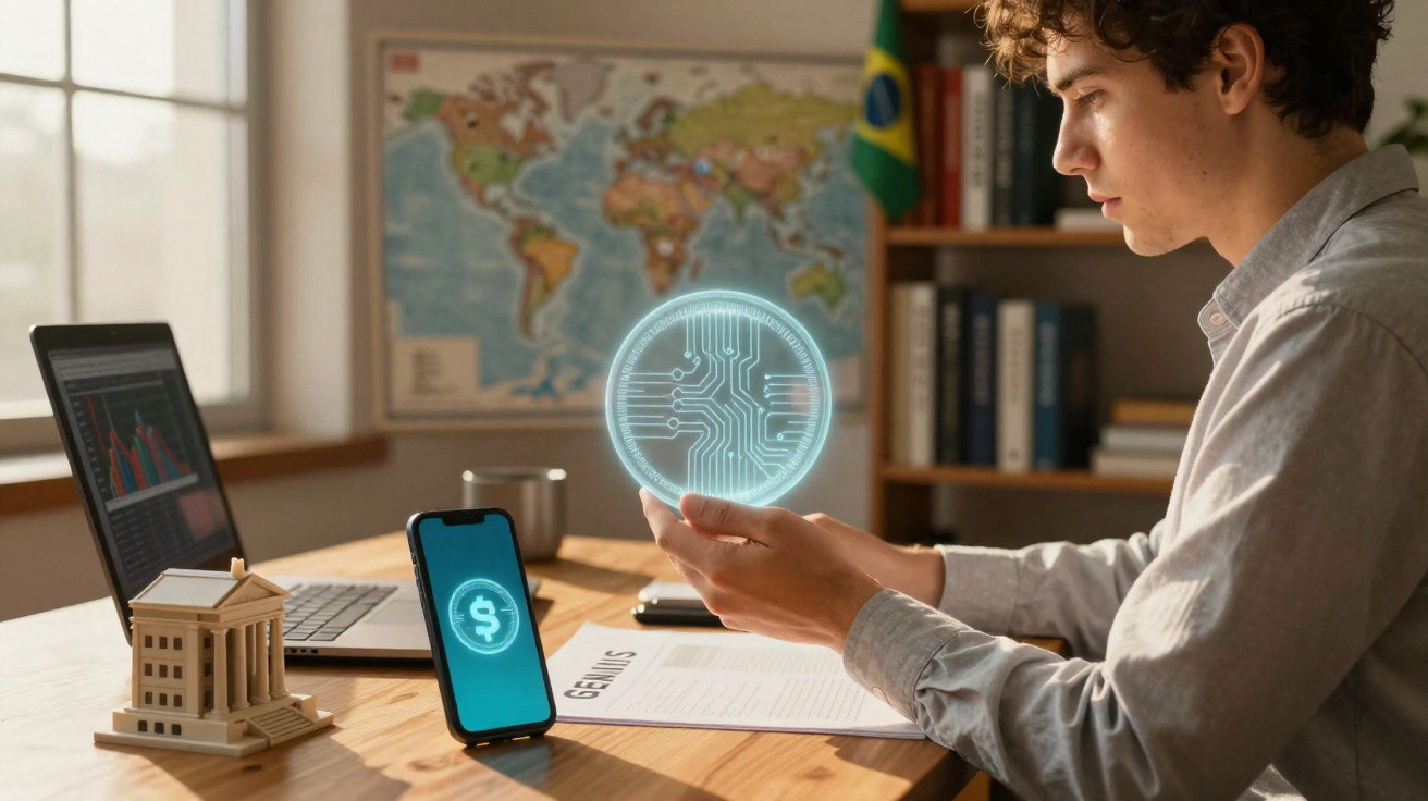 Jovem a trabalhar com holograma digital de moeda e símbolos financeiros numa mesa com computador e smartphone.