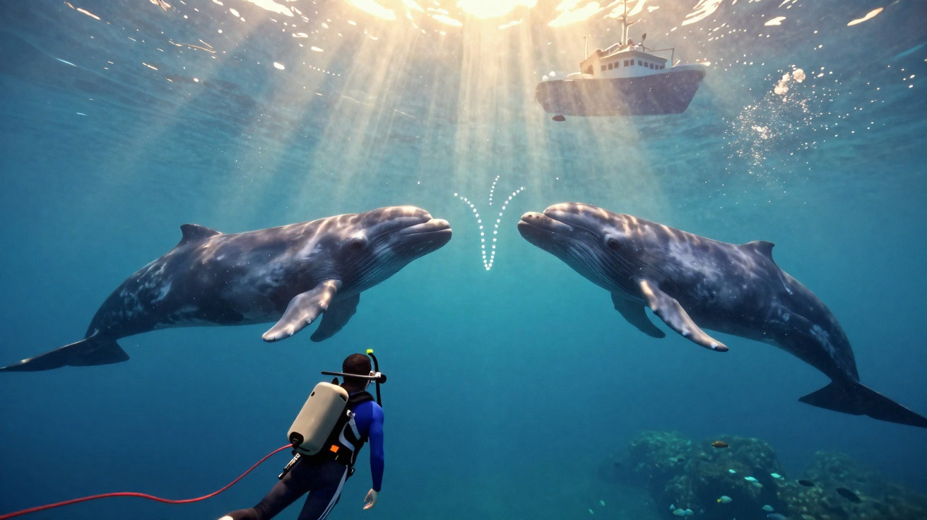 Mergulhador observa duas grandes baleias debaixo de água com barco ao longe e luz solar na superfície.