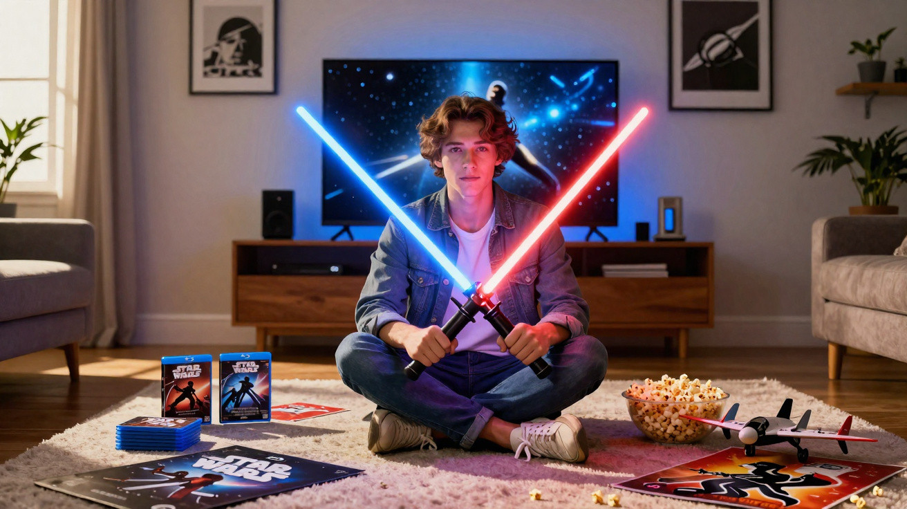 Rapaz sentado no chão a segurar dois sabres de luz, rodeado de artigos de Star Wars e um balde de pipocas.