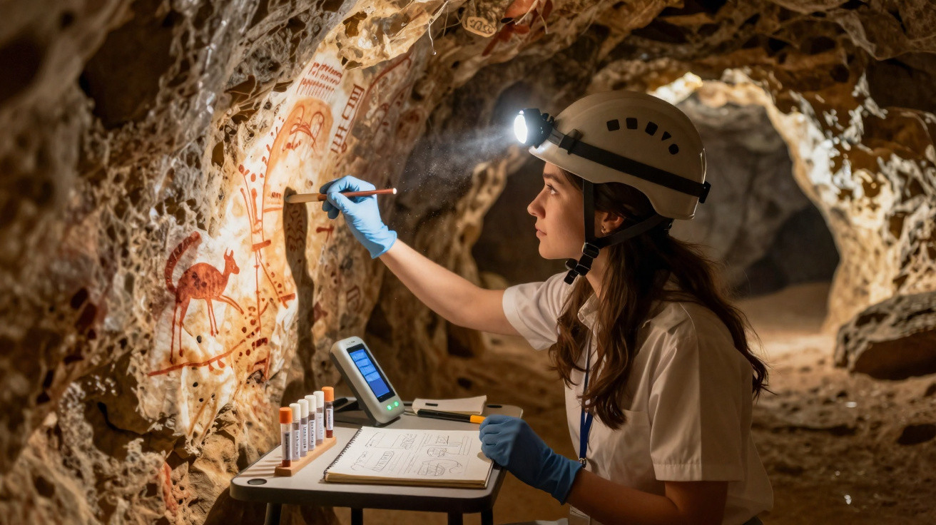 Jovem arqueóloga com capacete e luvas analisa pinturas rupestres numa caverna iluminada por luz de cabeça.